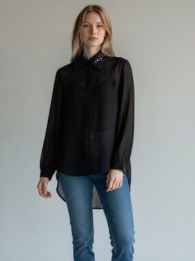 Tacera Sheer Sequined Black Blouse - Size XL